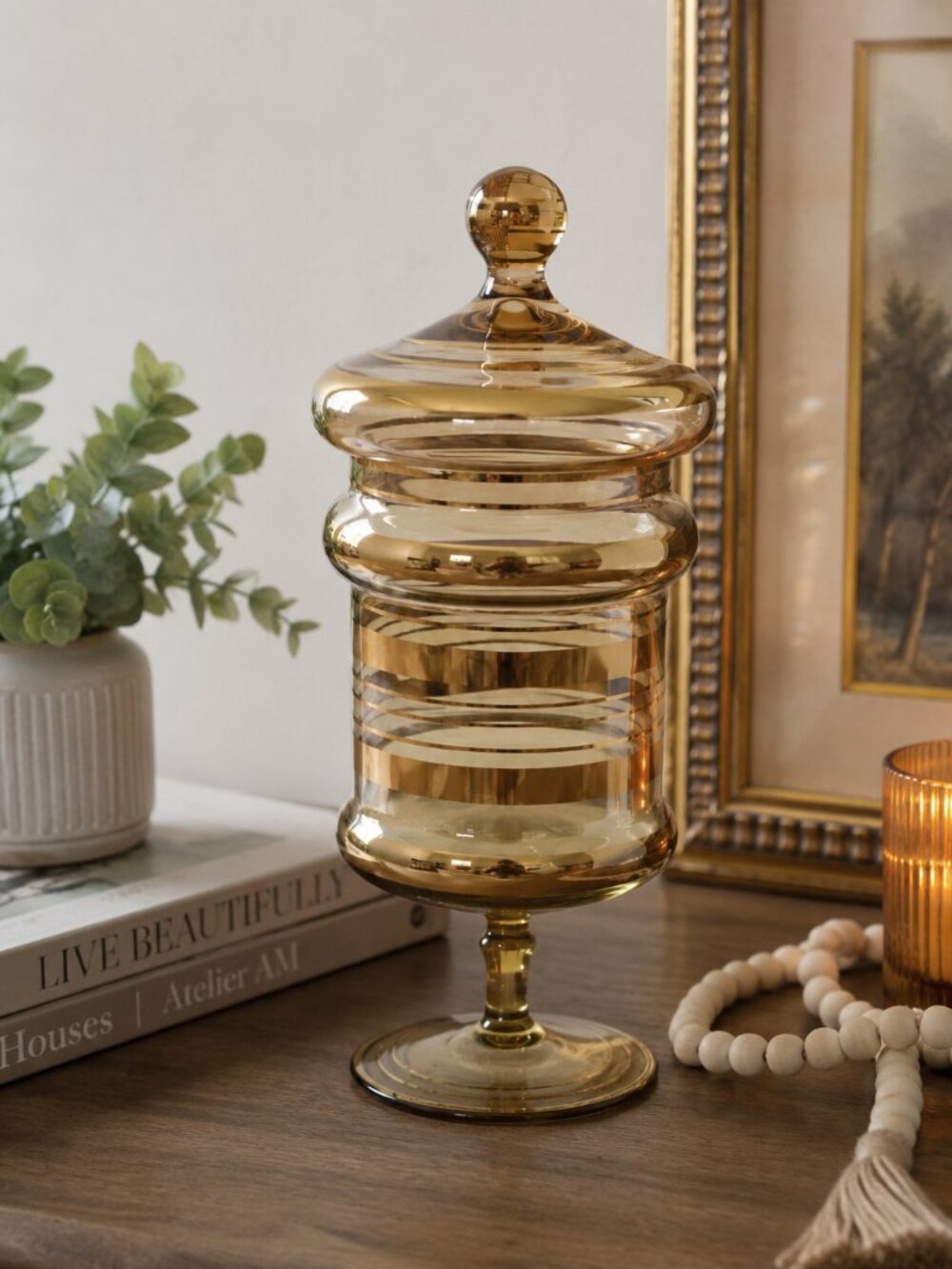 Vintage Amber Glass Pedestal Candy Jar with Lid | Gold Banded Apothecary Jar